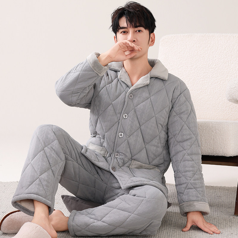 纯棉睡衣男冬季加厚加绒珊瑚绒三层夹棉袄爸爸冬天保暖家居服套装