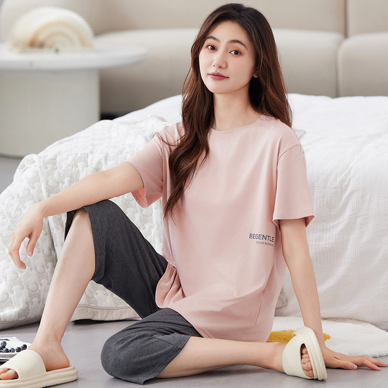 睡衣夏季女款2026新款纯棉简约短袖七分裤薄款夏天大码家居服套装