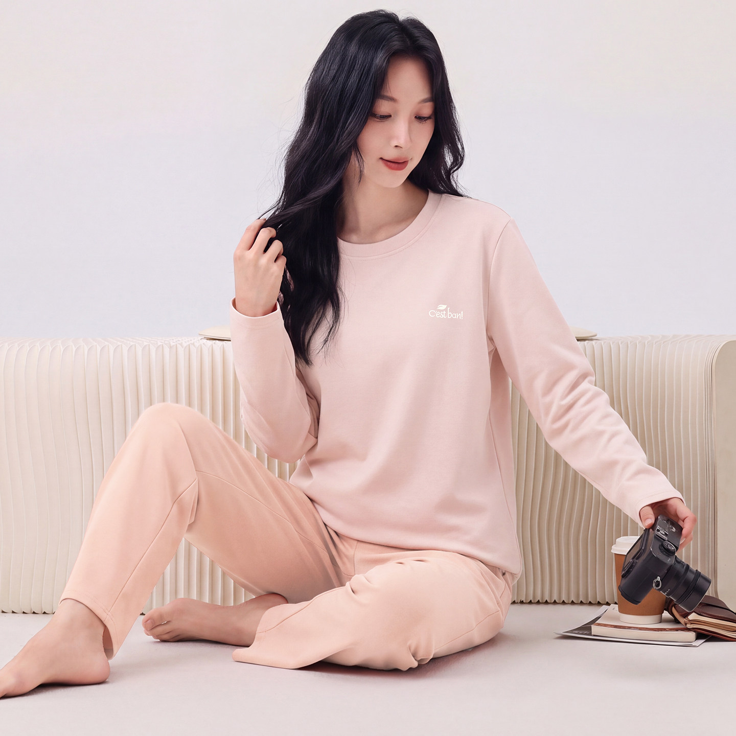 秋季纯棉女士长袖可外穿睡衣套装