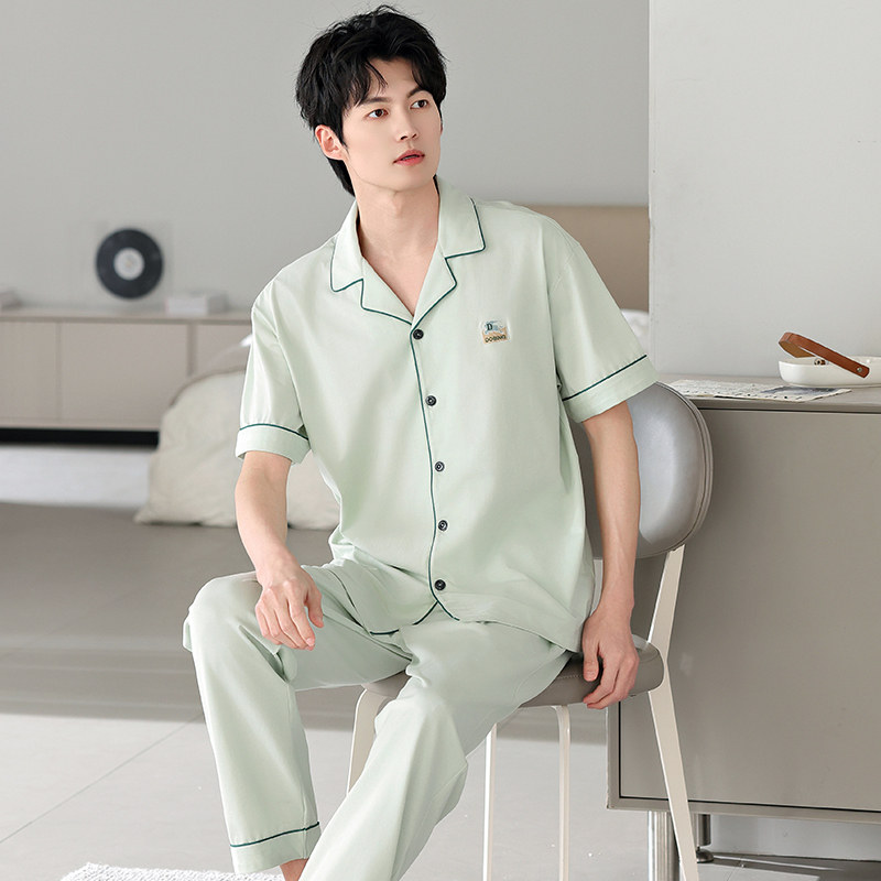 纯棉睡衣男夏季薄款开衫大码短袖长裤夏天可外穿高级感家居服套装