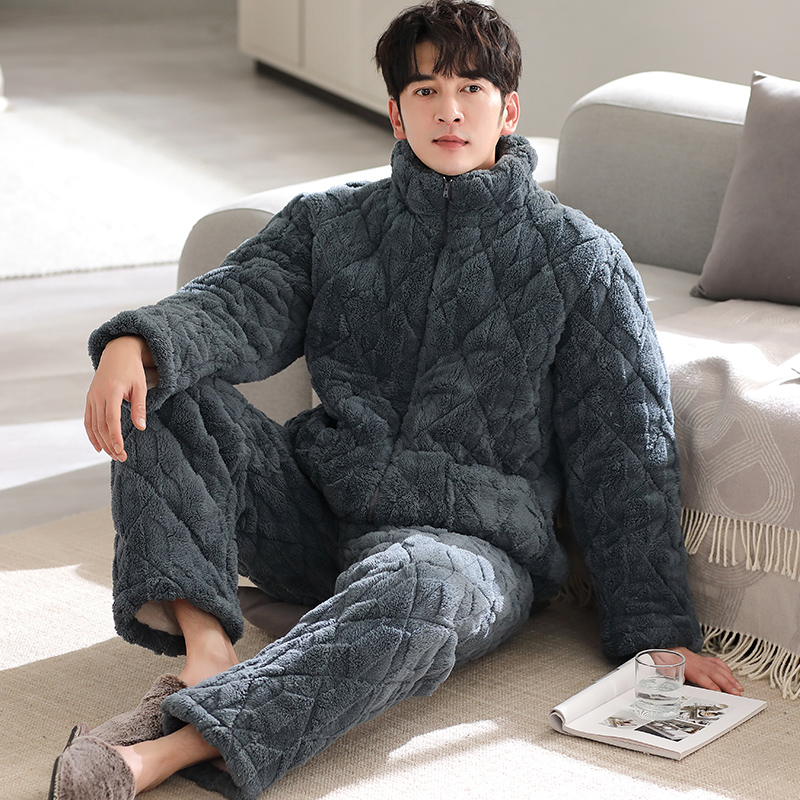珊瑚绒夹棉睡衣男冬季三层加厚