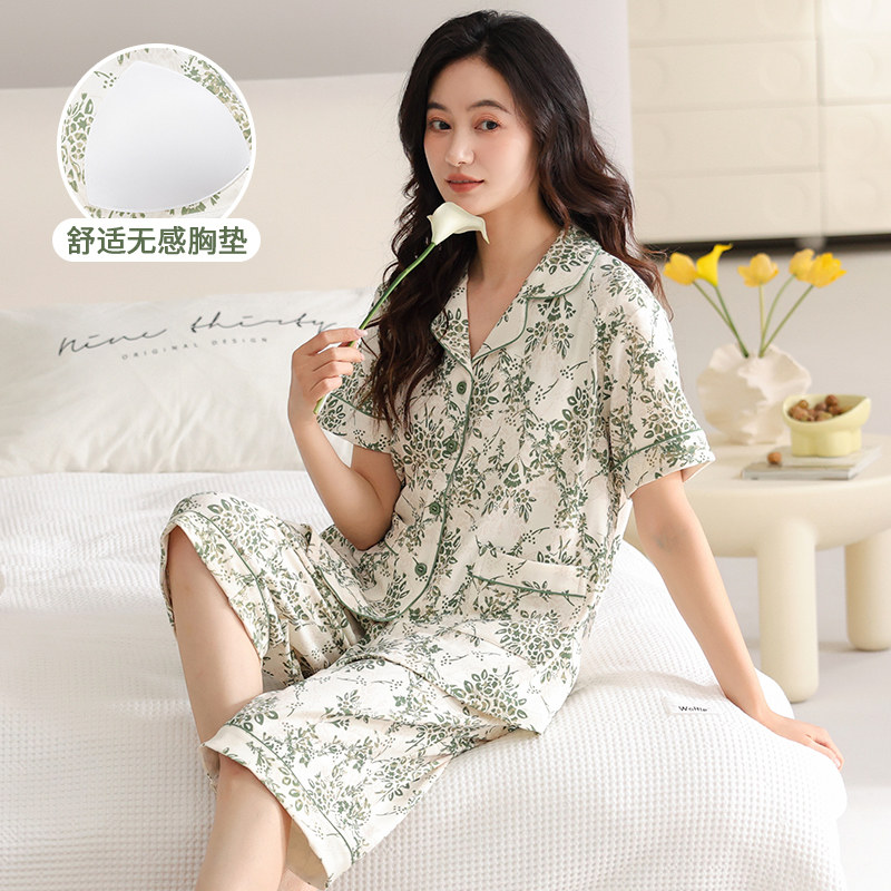 高级感纯棉睡衣女款带胸垫短袖七分裤夏季中老年妈妈大码家居服薄