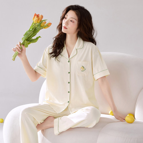 夏季纯棉薄款女短袖长裤睡衣套装