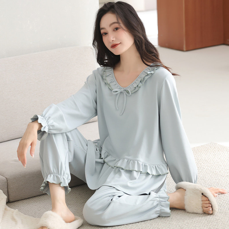 纯棉睡衣女套头蓝色纯色北欧风宽松春女款秋季中青年妈妈睡衣保暖