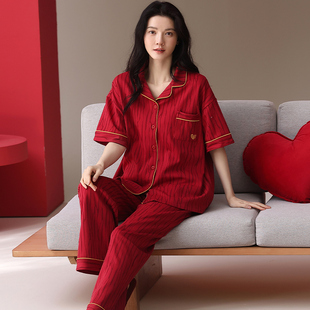 领开衫 夏季 长裤 棉质短袖 家居服套装 本命年红色睡衣女春夏纯棉衬衫
