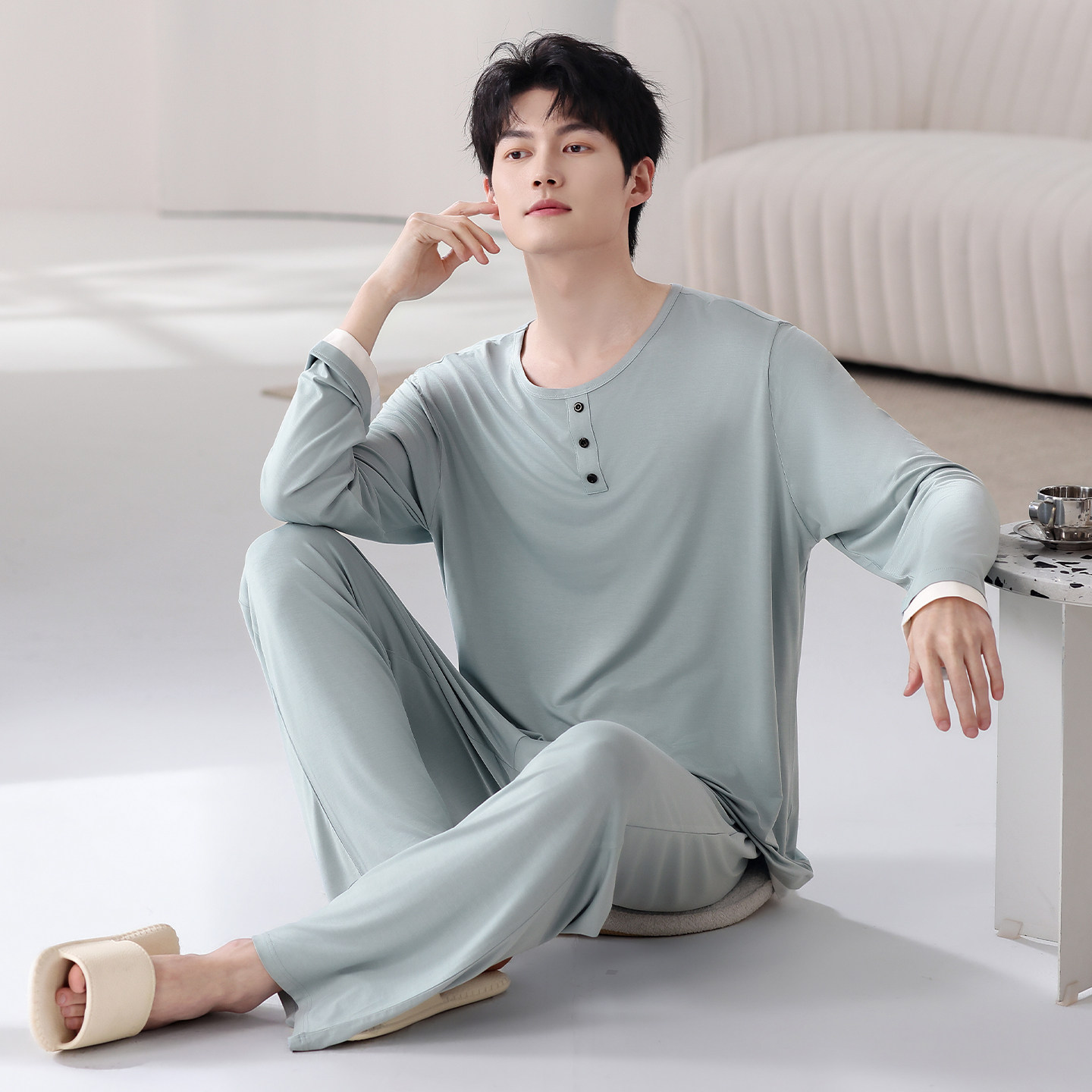 莫代尔睡衣男春夏薄款长袖长裤纯色休闲大码男士秋天可外穿家居服