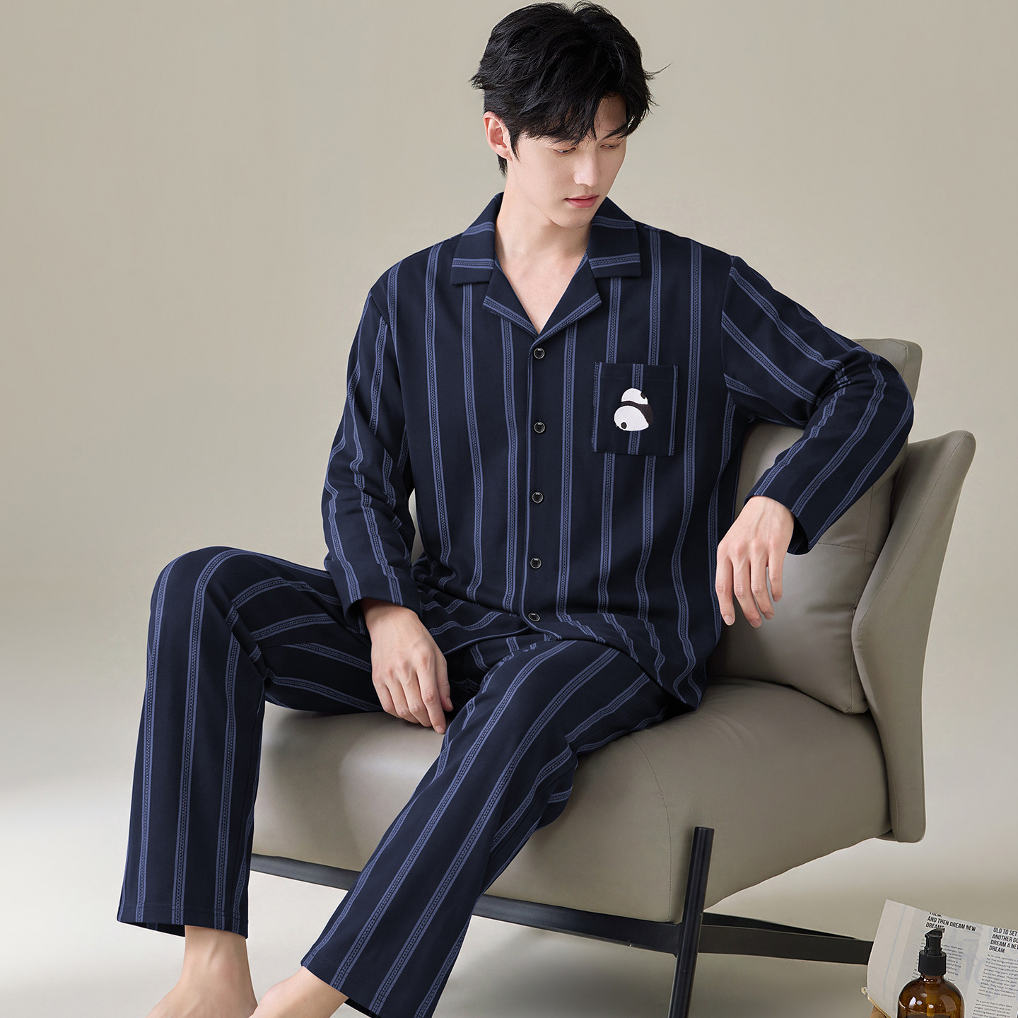 男士秋季纯棉薄款长袖开衫睡衣