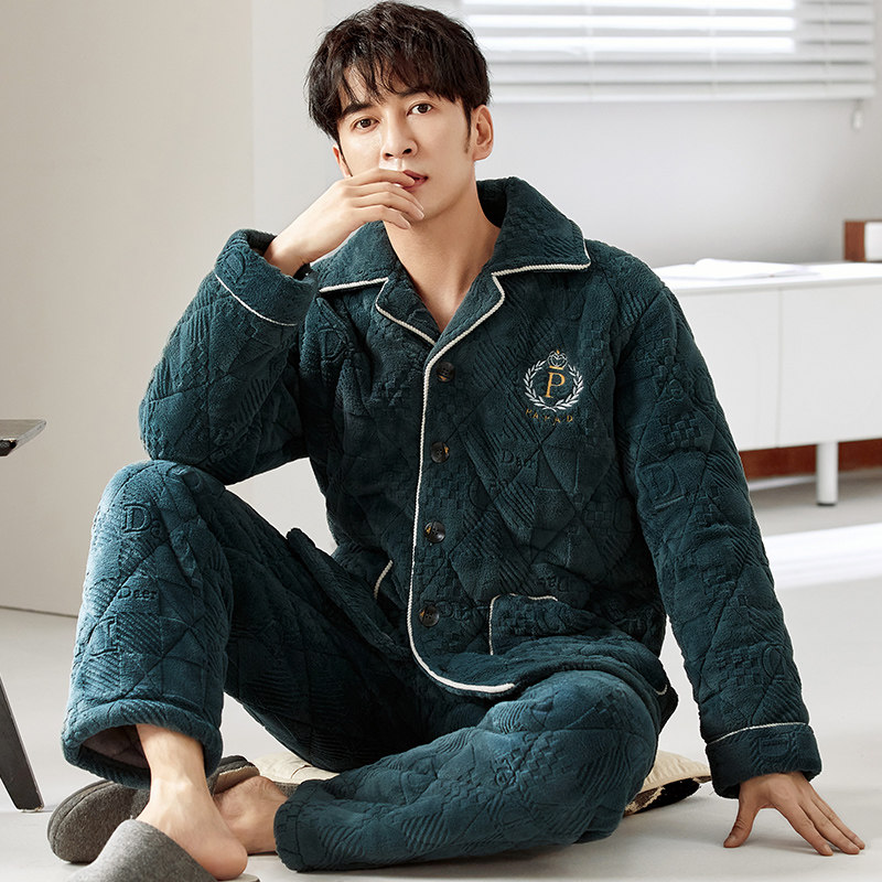 男士睡衣冬季三层夹棉加厚加绒保暖可外穿家居服套装中年爸爸开衫