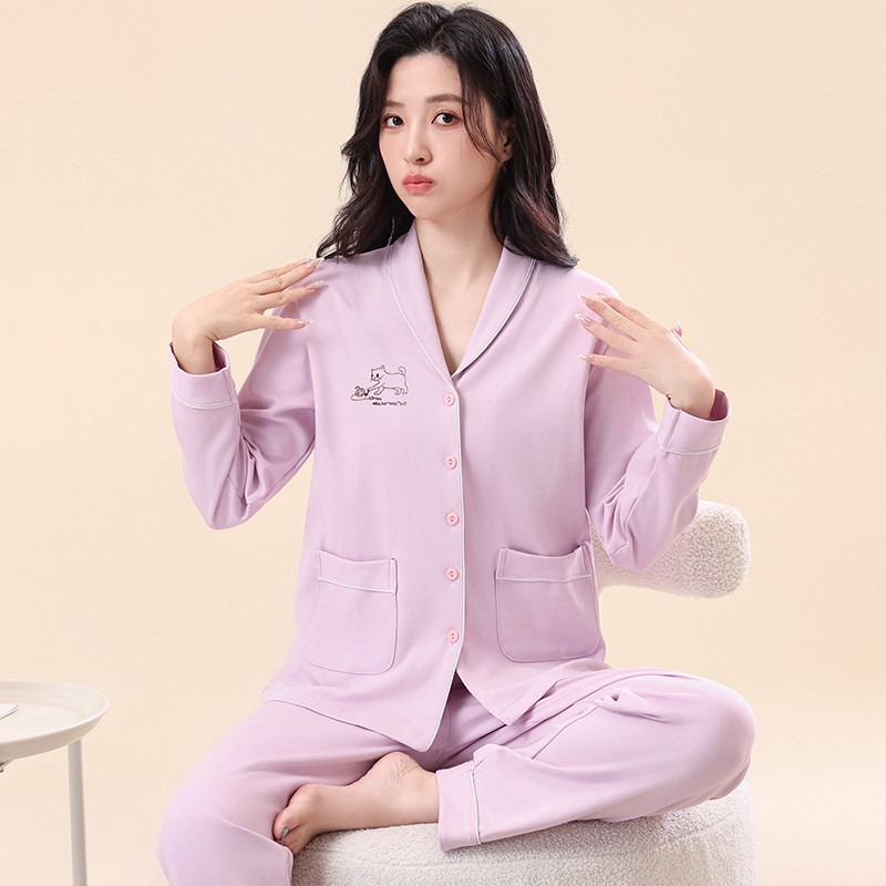 紫色纯棉可外穿女睡衣套装春秋