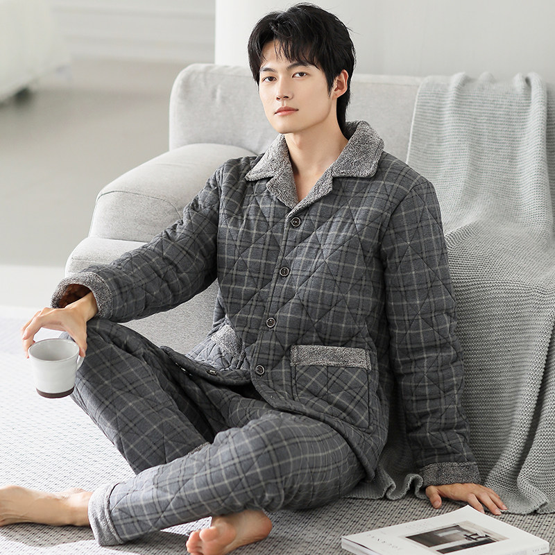 男士睡衣冬季三层加厚纯棉夹棉袄男款冬天珊瑚绒家居服套装可外穿