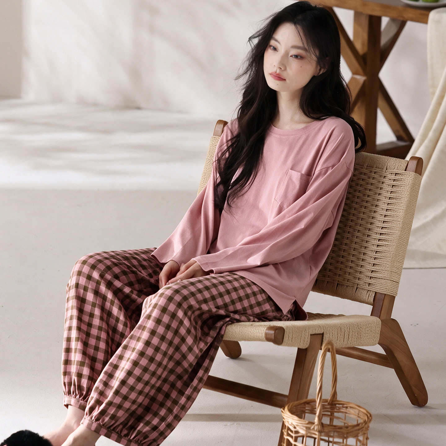 纯棉女秋季长袖可外穿睡衣套装