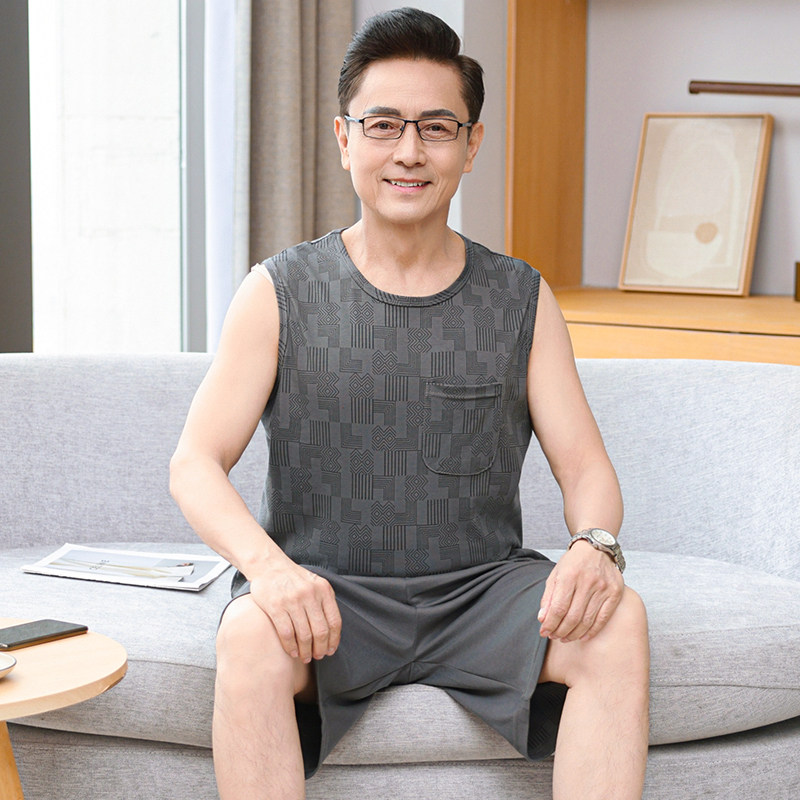 加大码背心睡衣男士纯棉无袖套装夏季薄款中老年人爸爸宽松家居服