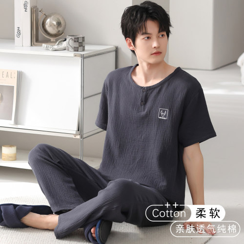 爸爸款全棉纱布夏季男睡衣套装