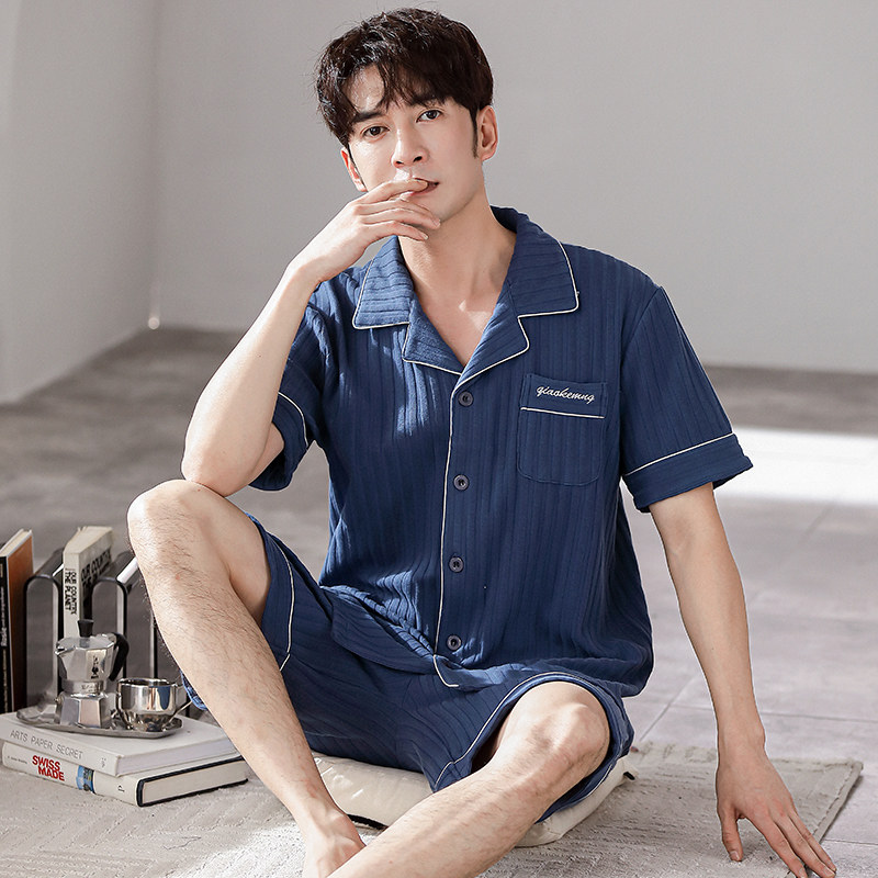 100%纯棉睡衣男士高档开衫短袖短裤夏季中年爸爸家居服可外穿套装