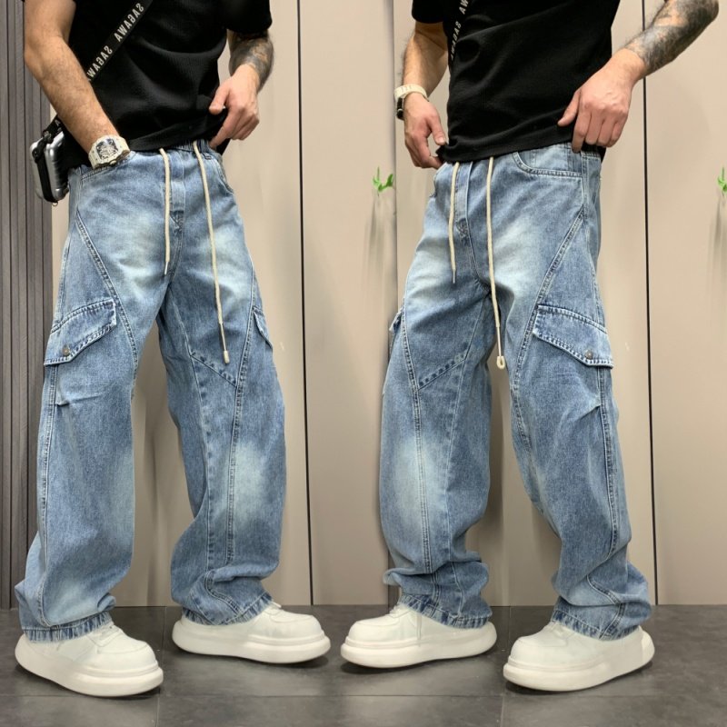 休闲风青春流行中腰水洗牛仔裤男2026年春季抽绳阔腿宽松直筒长裤,男装,牛仔裤,淘宝优惠券,粉丝福利购,淘宝优惠卷