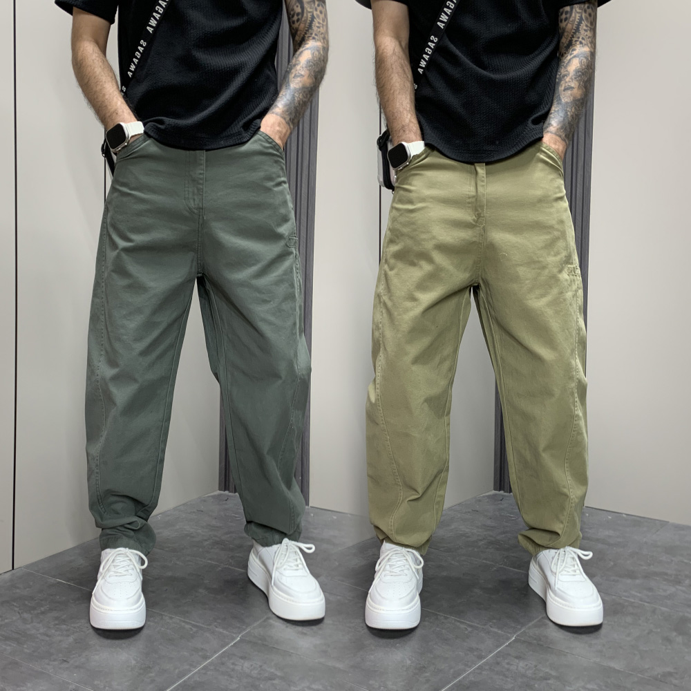 男士休闲裤春秋冬季设计感做旧纯色弯刀裤痞帅百搭直筒宽松长裤子