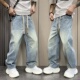复古水洗宽松直筒裤 2025春夏季 男潮牌拼接阔腿裤 浅蓝色牛仔裤 新款