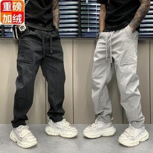 加绒加厚运动裤子男冬季新款宽松直筒灰色卫裤青少年阔腿休闲长裤