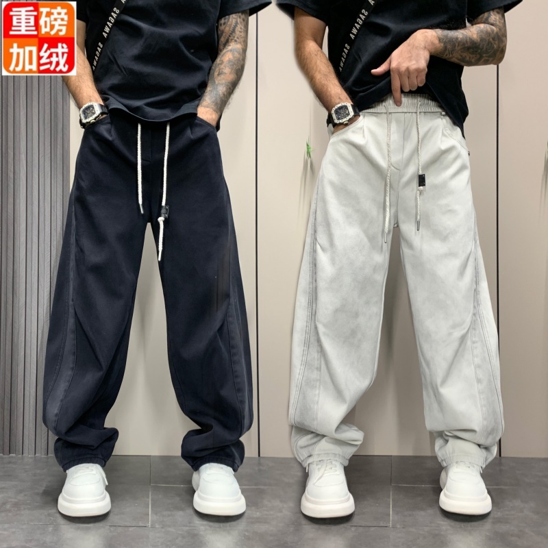 男士牛仔裤子秋冬季2025新款潮流直筒运动卫裤宽松男款加绒长裤子