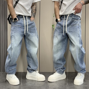 2025春夏季新款牛仔裤男美式复古水洗渐变男款阔腿裤痞帅直筒裤子