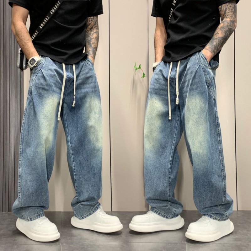 美式复古水洗牛仔裤男春季抽绳阔腿直筒宽松百搭潮裤休闲潮流青年,男装,牛仔裤,淘宝优惠券,粉丝福利购,淘宝优惠卷