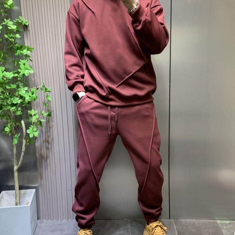 秋冬加绒加厚纯色连帽卫衣卫裤休闲套装男时尚掐褶百搭宽松两件套