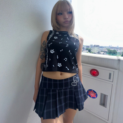 Srrybabe 音乐符号闪粉复古辣妹印花背心女无袖上衣