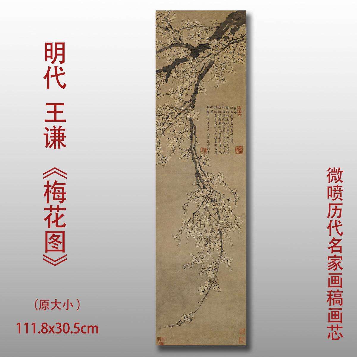 王谦梅花图传统梅画原大临摹范本中式装饰画艺术微喷绢布画心