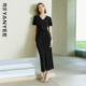 高级感长裙子 显瘦气质短袖 颜域黑色V领收腰连衣裙女2026夏季 新款