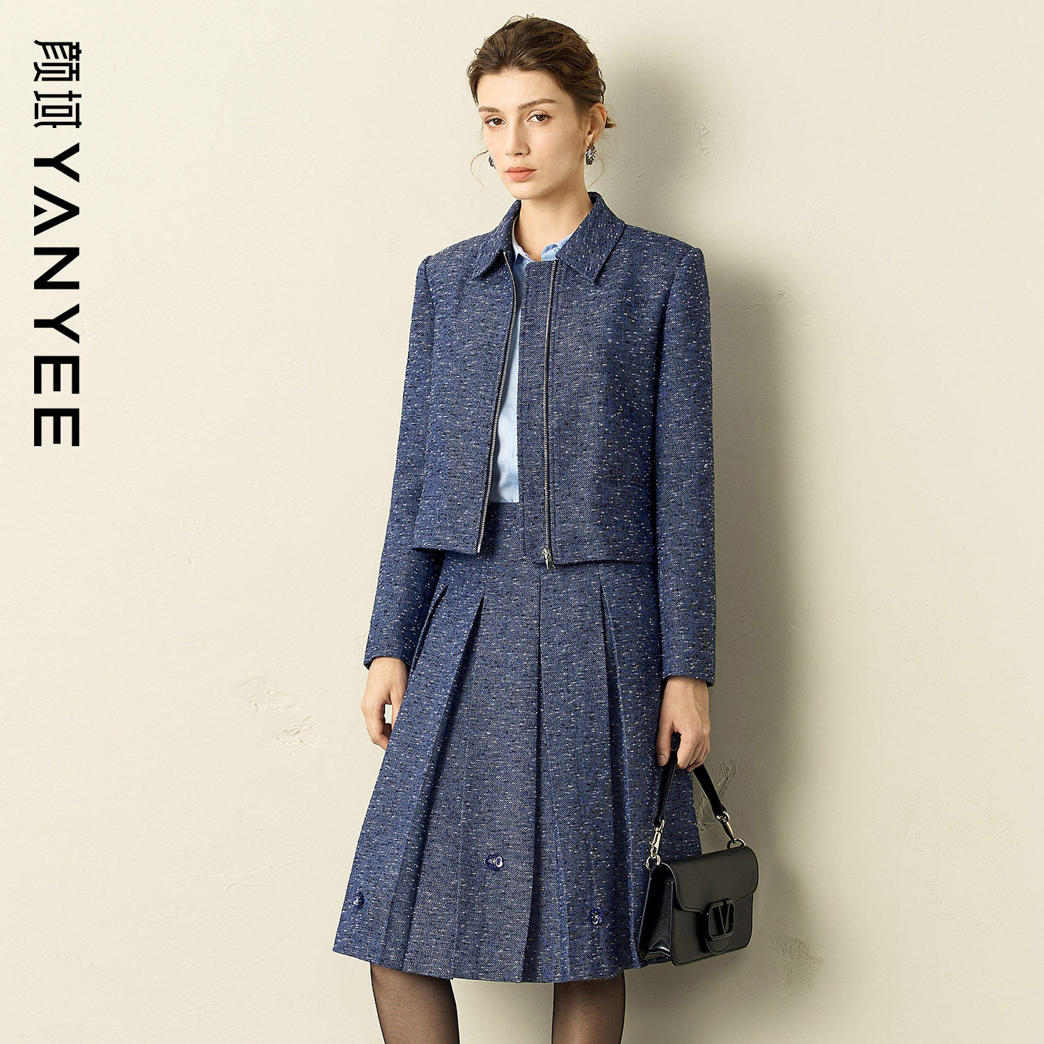 颜域高级感短外套半身裙两件套2025新款蓝色秋冬季穿搭时尚套装女,女装/女士精品,时尚套装,淘宝优惠券,粉丝福利购,淘宝优惠卷