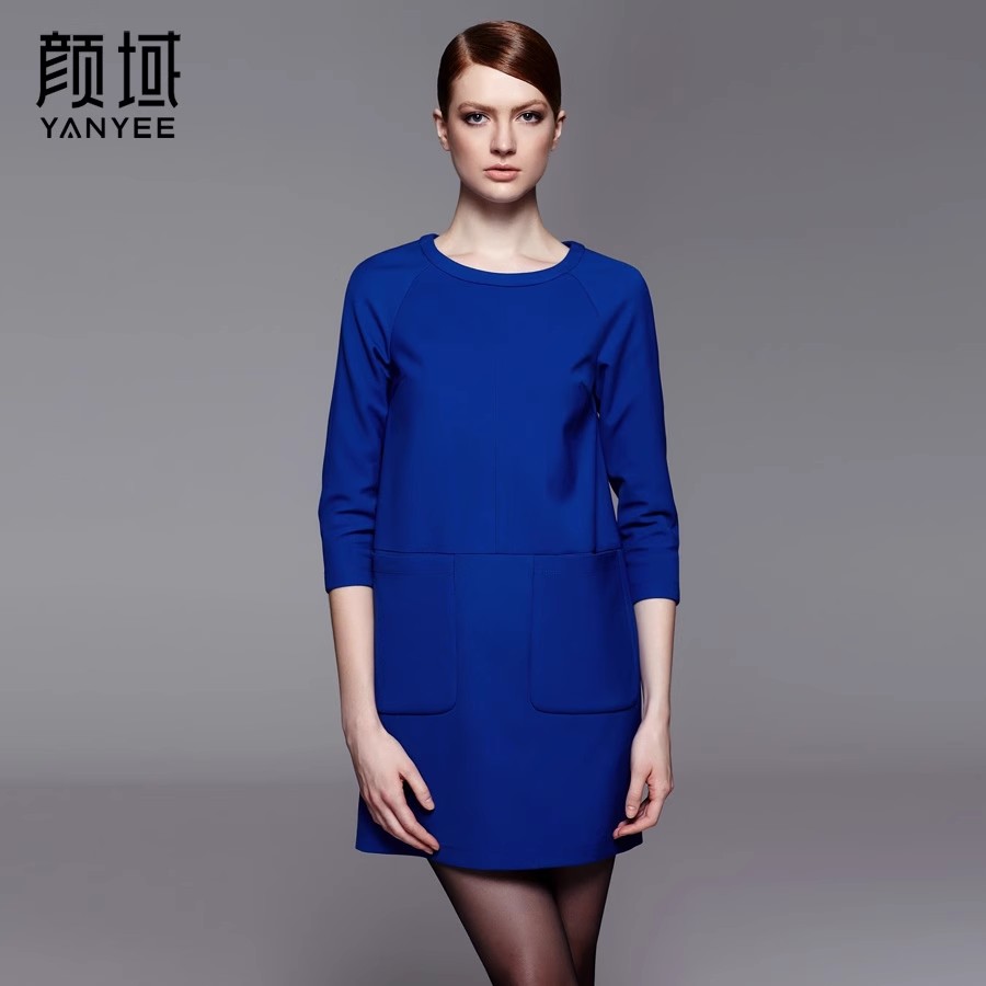 颜域品牌女装2015秋季新品纯色简约七分袖连衣裙优雅时尚OL宽松裙