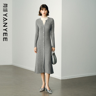 颜域假两件长袖针织连衣裙女2025新款冬装格雷系灰色优雅收腰裙子