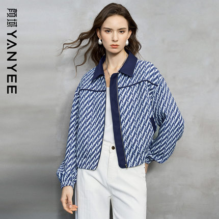 颜域蓝色格纹薄款短外套女2026早春新款宽松气质短款工装夹克上衣