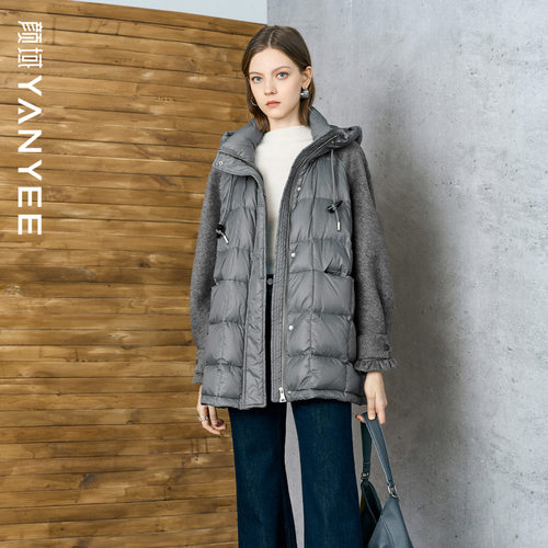 灰色加厚保暖连帽毛呢外套