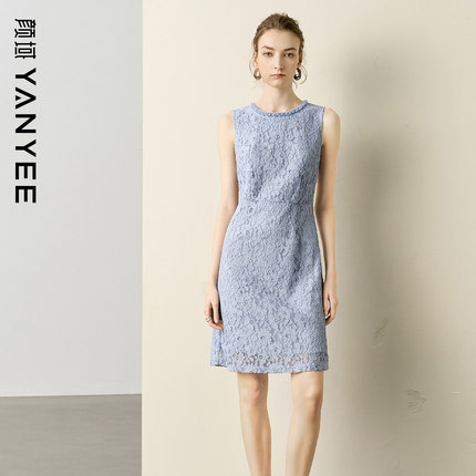 颜域蓝色蕾丝连衣裙女2025夏新款轻熟风无袖收腰显瘦短款背心裙子