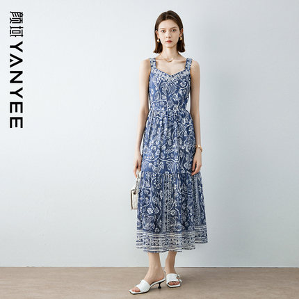 颜域印花气质裙子夏季女2025新款中长款V领背心裙高端精致连衣裙