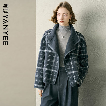 颜域格子双面呢短外套女2025冬季新款设计感翻领宽松羊毛呢子大衣