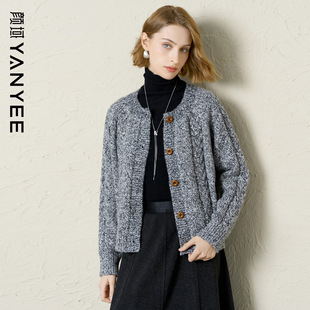 圆领保暖通勤复古短款 新款 毛衣外套 毛线衣女2025冬季 颜域灰色开衫