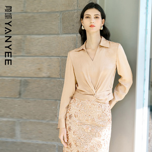 颜域设计感收腰衬衫上衣女2026新款春装高级感醋酸长袖扭结小衫女