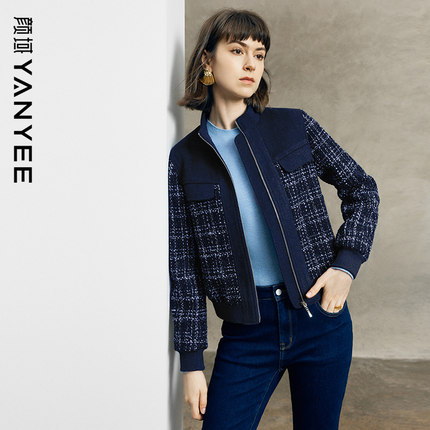 颜域格子小香风外套女士2023新款冬季气质复古粗花呢立领短款夹克