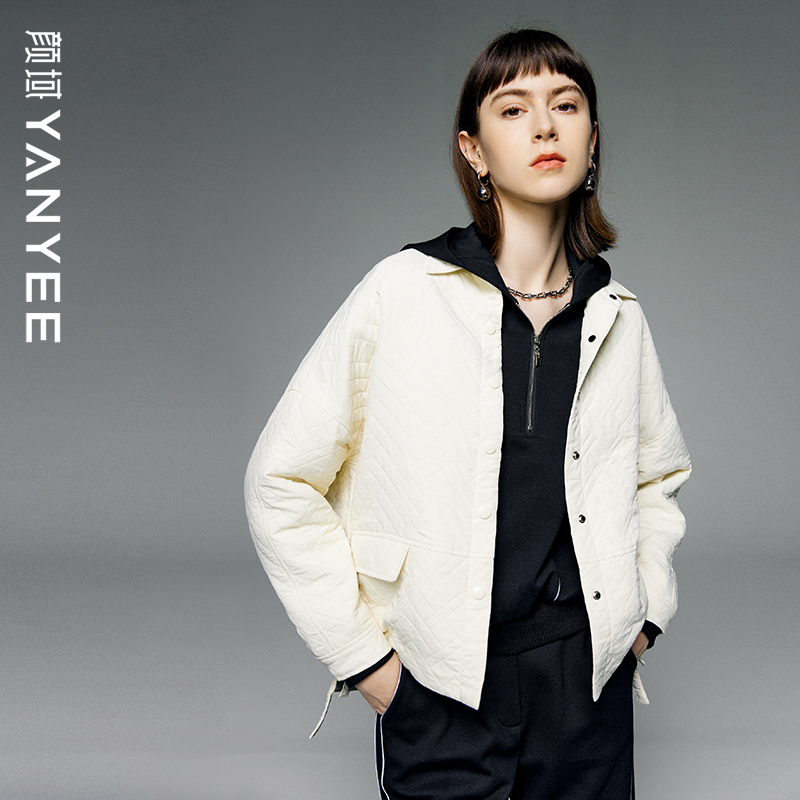 新款时尚气质简约立领白色棉衣