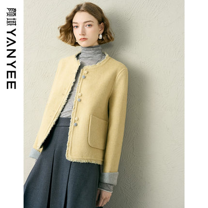 颜域黄色短款呢子外套女2025冬季新款小香风毛边羊毛保暖夹克大衣