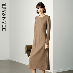颜域优雅气质长袖连衣裙女装2025新款冬装中长款圆领收腰内搭裙子