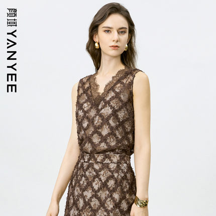 颜域春季修身蕾丝背心女2026新款知性浪漫内搭V领复古花边上衣女