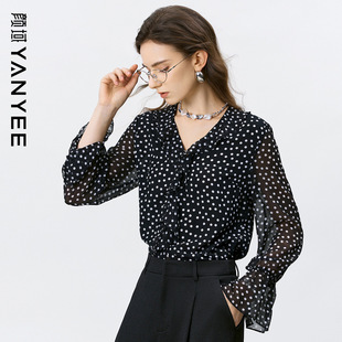 气质上衣 V领荷叶边收腰显瘦喇叭袖 颜域波点雪纺衬衫 女2026春新款