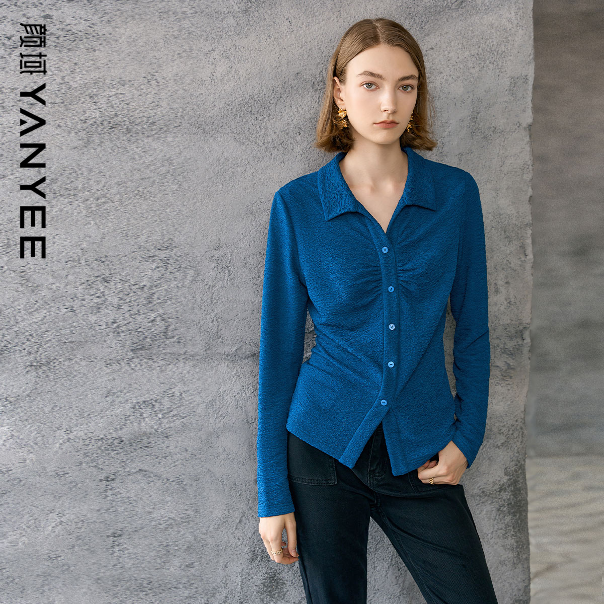 颜域POLO领蓝色衬衫女2025新款秋冬小衫气质上衣设计感褶皱衬衣