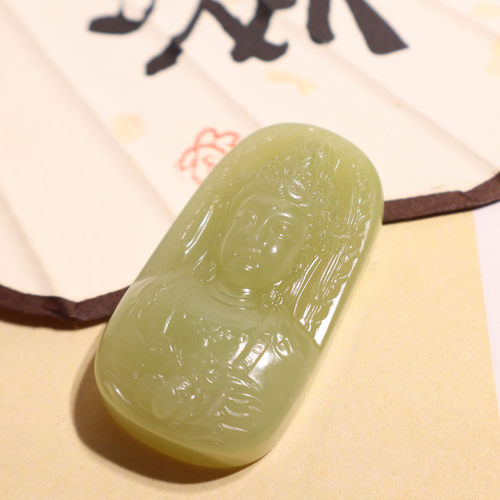 玉禧珠宝精品正宗新疆和田玉油糯若羌黄口料观音玉石吊坠挂件A9