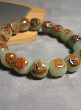 惊呆了方言精品和田玉新疆黄沁皮蓝调沙枣青籽料12mm老型珠手链h0