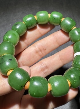亮眼方言和田玉精品罕见新疆碧玉籽料阳绿色油润细腻老型珠手串S