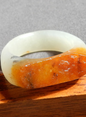 方言和田玉新疆红黄沁皮聚活油皮白玉肉籽料戈壁料20mm扳指戒指s2